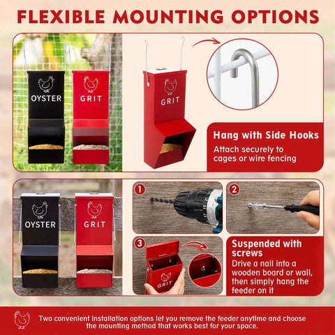 Heavy Duty Metal Chicken Feeder 2 Pack With Tight Lid Automatic Gravity Trough Hang Or Wall Mount Oyster Shell Grit Dispenser image showing mounting options.