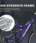 All Terrain Mountain Hybrid Bike With 26 Inch Steel Frame 7 Speed MTB Bicycle Front Suspension Fork Adjustable For Men And Women Dope Trail Grip Durable Tires Purple with high-strength frame details