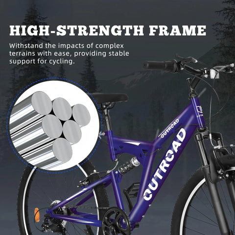 All Terrain Mountain Hybrid Bike With 26 Inch Steel Frame 7 Speed MTB Bicycle Front Suspension Fork Adjustable For Men And Women Dope Trail Grip Durable Tires Purple with high-strength frame details