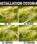 Installation tutorial for Fence Stretcher Tool Kit With 50 Tightener Clips And Heavy Duty Handle For Barbed Wire Chain Link And Farm Fencing Rugged Pro Grade Workhorse Rust Resistant Tensioner For Ranch Garden And Pasture showing steps to fix, place, rotate, and tighten on barbed wire.