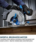 6 1/2 Inch Cordless Circular Saw With Kickass Cold Cut Design For Spark Free Steel Slicing, 20V Brushless Motor cutting through steel sheet.