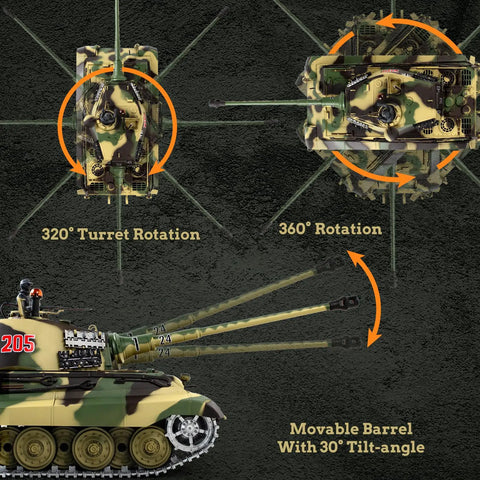 1/16 Scale German King Tiger RC Tank with Realistic Smoke, Sound and Lights, turret and barrel rotation demonstration