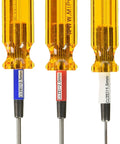 Three precision-ground US tool steel hex drivers with yellow handles, part of Metric Hex Wrench Set For RC Hobbyists And Home DIYers.