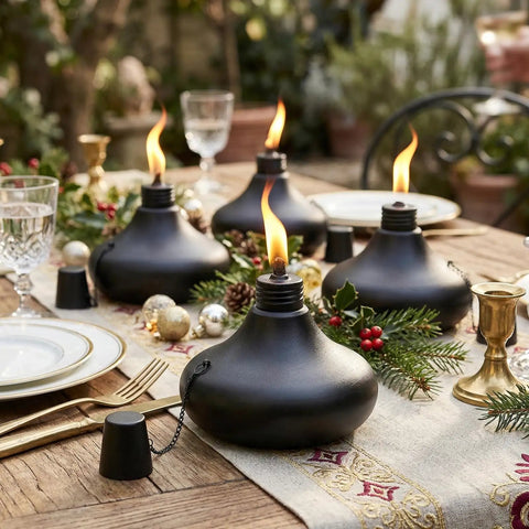 Upgraded Tabletop Torch Set Of 6 With 24.5 Oz Citronella Fuel Refillable Metal Lanterns on dining table setup outdoors.