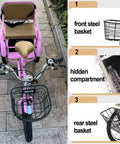 Three Wheel Kids Pedal Tricycle With Back Seat, Belt And Armrests, Front And Rear Brakes, Outdoor Cruiser; features baskets and seat belt.