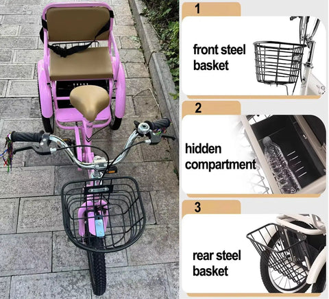 Three Wheel Kids Pedal Tricycle With Back Seat, Belt And Armrests, Front And Rear Brakes, Outdoor Cruiser; features baskets and seat belt.