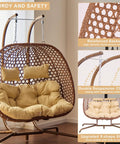 Two Person Outdoor Egg Chair With Stand Hexagon Rattan Wicker Swing Chair For Patio Large Foldable Loveseat With Removable Cushions