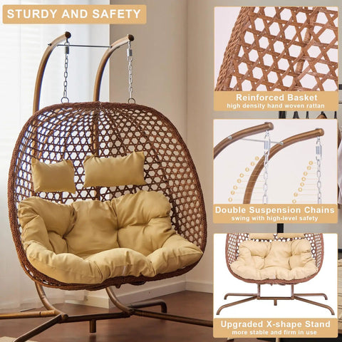 Two Person Outdoor Egg Chair With Stand Hexagon Rattan Wicker Swing Chair For Patio Large Foldable Loveseat With Removable Cushions