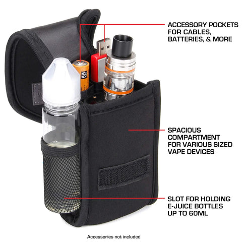 Vape Pen Travel Case Belt Bag With Belt Loop And Carabiner Clip, Elastic Neoprene Carry Case featuring compartments for mods and 60mL e-juice.