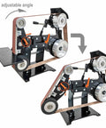 Heavy Duty Belt Sander With Variable Speed And Flip Orientations includes adjustable angle for versatile woodworking projects.