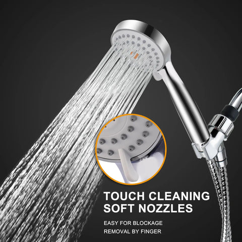 High Pressure Handheld Shower Head With Multi Function Spray For Low Water Pressure Powerful Shower Stream 79 Inch Hose Bracket Chrome Finish Easy Install Spa Like Home Shower Experience with close-up of soft touch nozzles