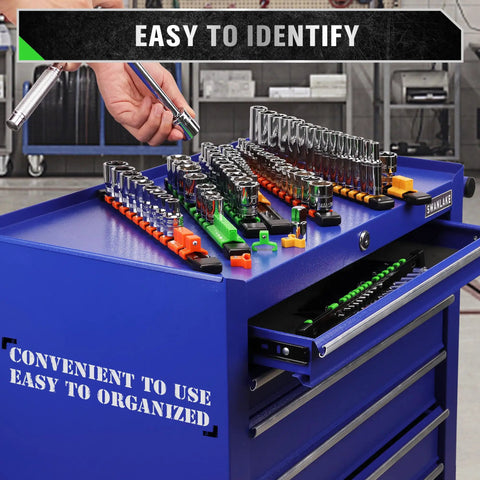 Pro Grade Socket Clip Rail Organizer Kit 6 Piece Set on blue tool cart, featuring heavy duty ABS holder with clips.