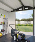 Interior of 8x6 Ft Outdoor Metal Storage Shed With Galvanized Steel Construction, showing storage space for garden tools and lawn mower.