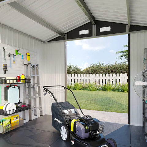 Interior of 8x6 Ft Outdoor Metal Storage Shed With Galvanized Steel Construction, showing storage space for garden tools and lawn mower.