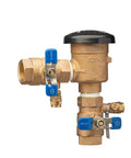 Front view of Zurn Wilkins 1-720A 1-inch brass pressure vacuum breaker assembly with blue handles