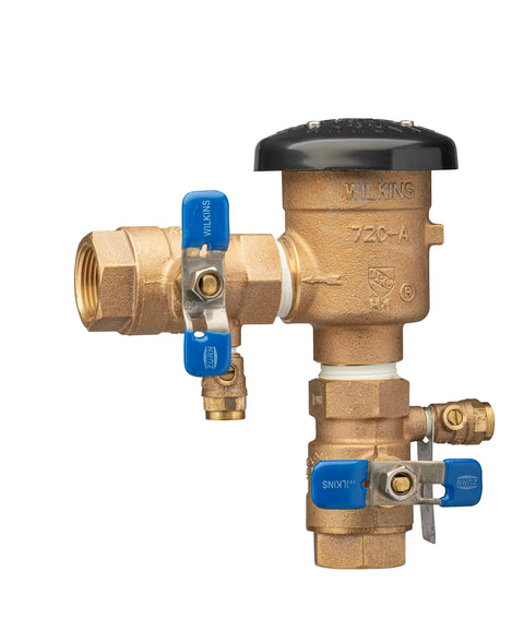 Front view of Zurn Wilkins 1-720A 1-inch brass pressure vacuum breaker assembly with blue handles