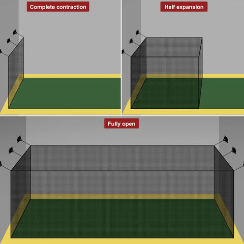 Indoor And Backyard Batting Cage Kit With Netting And Tension Wire Retractable Cable System For Easy Setup Diy Frame Kit For Baseball Practice At Home Or In The Garage 70 Foot Size showing cage expansion stages.