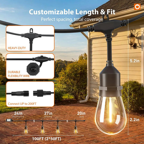 100Ft Outdoor String Lights With Remote Dimmable Edison Bulbs, Waterproof Shatterproof Patio Lighting installation diagram