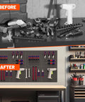 Before and after view of Heavy Duty Black Metal Pegboard Panels Set, 6 Pack 12 By 12 Inch Wall Organizer installed in a garage.