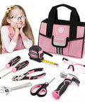 9 Piece Kids Real Hand Tool Set Pink Junior Tool Kit With Storage Bag For Boys And Girls Age 8 Plus DIY Building And Woodworking Safe CPC Certified Tools For Young Builders