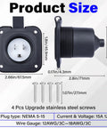 Badass NEMA 15 Amp Flanged RV Shore Power Inlet 5 15 125 Volt dimensions with screws and specifications for direct wire use.