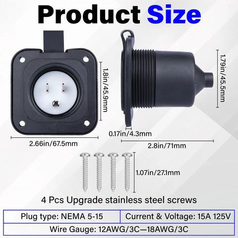 Badass NEMA 15 Amp Flanged RV Shore Power Inlet 5 15 125 Volt dimensions with screws and specifications for direct wire use.