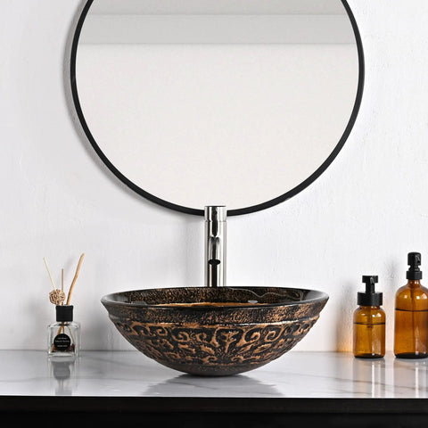 Tempered Glass Bathroom Vessel Sink Copper Round Vanity Bowl Lavatory Arts And Crafts Style Retro Vibe Scratch Resistant Easy to Clean High Gloss Surface Above Counter Basin For Modern Homes