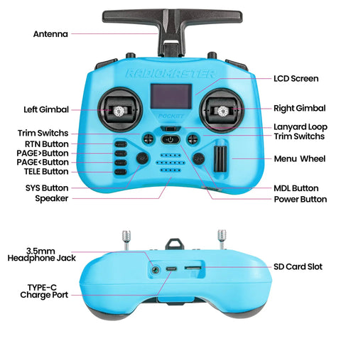 Front and back view of Pocket ELRS Remote Controller With Portable Hall Gimbal EdgeTX 2.10.5 Transmitter With LED Light For FPV Drones