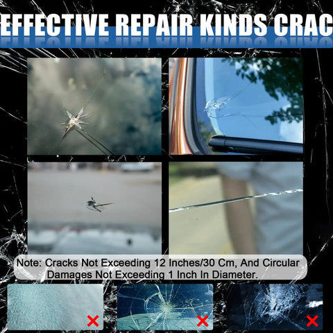 Windshield Repair Kit For Chips And Cracks With Nano Glass Repair Fluid DIY At Home Fix For Laminated Auto Glass shown with examples of repairable cracks.