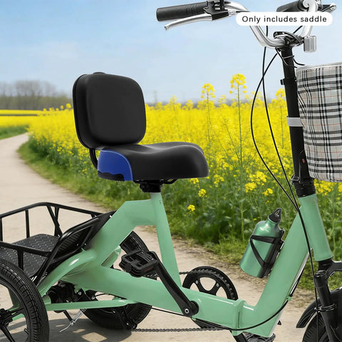 Wide E Bike Seat With Backrest For Long Rides Comfort All Day Sit On A Big Cushioned Ergonomic Saddle With Adjustable Backrest And Height Fits Electric Scooters Stationary Bikes And Trikes Heavy Duty 220 Lb Load Capacity, black and blue on mint trike