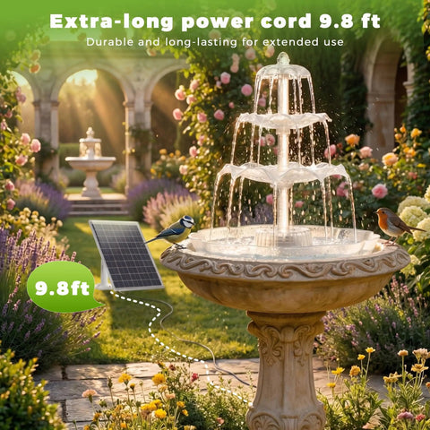 6.5W Solar Bird Bath Fountain With Lights, 3 tier DIY water feature in garden setting, solar panel, and birds on rim