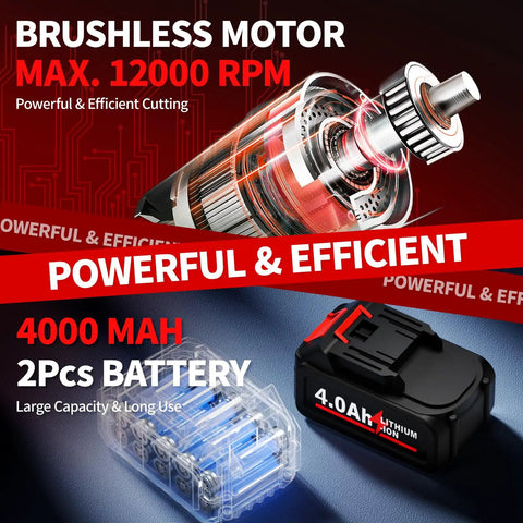 Cordless Angle Grinder Kit With Two 4.0Ah Batteries, 4-1/2 Inch Metal Grinder, Brushless Motor Up To 12,000 RPM, Cutting Wheels Included, Heavy Duty Electric Grinder Tool Set For Cutting And Grinding