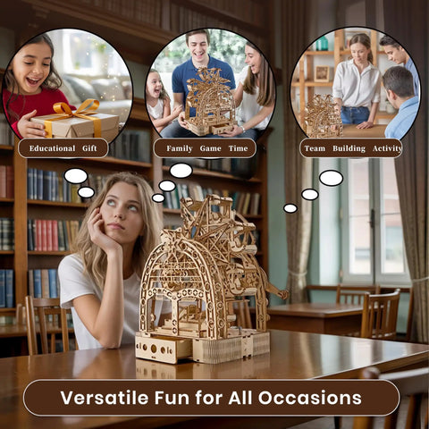 Lit Up 3D Ferris Wheel Wooden Puzzle For Adults With Built In Music Box And LED Illumination 222 Piece Model Building Kit With Storage Drawer on table