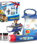 Paw Patrol LED Light Gift Set, Flashlight, Lantern, And Bike Light Bundle For Kids with batteries and packaging.
