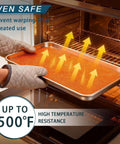 Using Six Pack Half Size Aluminum Baking Sheets Set in oven with heat-resistant gloves, showcasing oven-safe feature, 13 by 17 inch trays.