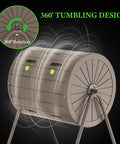 Side view of 142L Rolling Compost Tumbler, Single Chamber, 37.5 Gallon Capacity, Heavy-Duty Polypropylene Resin, Weatherproof, Gray.