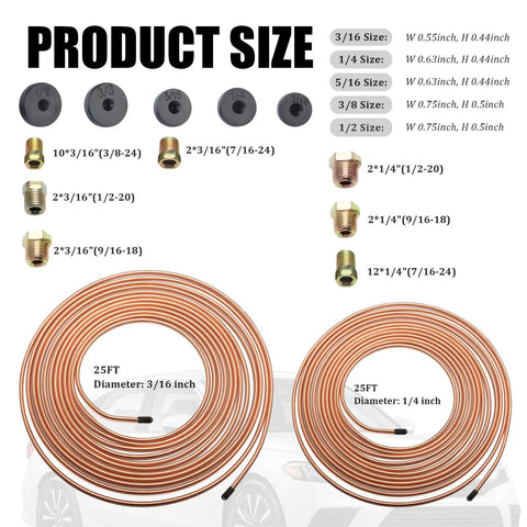 25ft Brake Line Kit With One Quarter Inch And Three Sixteenths Inch Lines Flare Tool Set shown with fittings and sizes