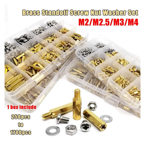 Pro Grade Solid Brass And Copper Hex Standoff And Spacer Kit For PCB Mounts M2.5 M3 M4 510/680/1700pc Assortment With Pillars Nuts Screws For Reliable Electronics Assembly, boxes open