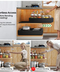 Woman using Knockout Heavy Duty Pull Out Cabinet Organizer With Dang Easy Setup And Tough Nano Adhesive For Smooth Glide Pot And Pan Storage.