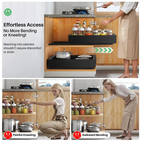 Woman using Knockout Heavy Duty Pull Out Cabinet Organizer With Dang Easy Setup And Tough Nano Adhesive For Smooth Glide Pot And Pan Storage.