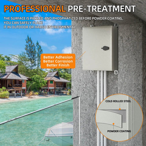 Built Tough Metal Electrical Enclosure Box IP65 Waterproof For Indoor And Outdoor Use mounted on wall by water