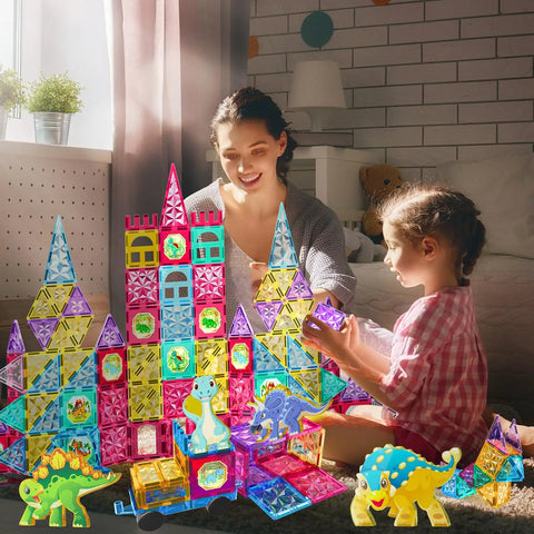 Child building with Magnetic Tiles Building Blocks Set For Kids 110 Pieces STEM Construction Toy With Dinosaur Figures