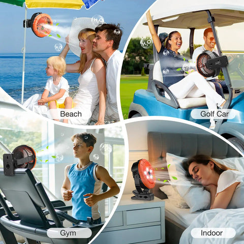 Portable Misting Clip On Fan With 100ml Water Tank LED Light 360 Degree Rotating Spray USB Rechargeable Battery shown in various uses