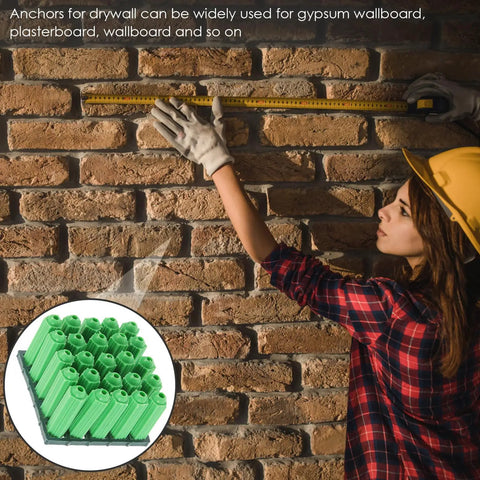 Woman measuring brick wall with Green Plastic Drywall Anchor Kit With Self Tapping Screws inset image