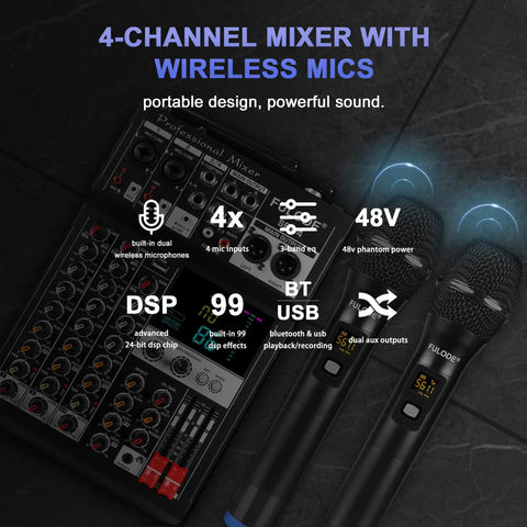 Image of 4 Channel Audio Mixer With Dual Wireless Microphone System 99 DSP Effects Pro DJ Console For Recording Bluetooth MP3 Playback 48V Phantom Power USB Interface Home Karaoke And Live Streaming highlighting features like 48V phantom power, DSP effects, Bluetooth, and built-in microphones.