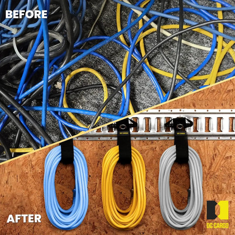 Before and after of tangled cords neatly organized with Pack Of 2 E Track Cord Organizer For Trailers Trucks And RVs, 17 inch closure.