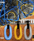 Extension Cord Organizer Set For E Track Systems Pack Of Four Keeps Cables Hoses Neatly Secured With 17 Inch Hook And Loop Closure shown organizing cables on E-Track