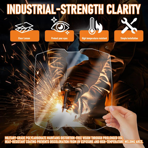 Hand holding OEM lens in front of a welder, Five Pack OEM Grade Front Cover Lens for Digital Infinity Series Welding Helmet