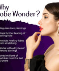 Woman wearing large earrings, highlighting benefits of Clear Latex Free Ear Lobe Support Patch For Pierced Ears That Instantly Lifts And Protects Prevents Torn Or Stretched Lobes Nearly Invisible Earring Back Alternative For All Styles And Sizes 60 Patches.