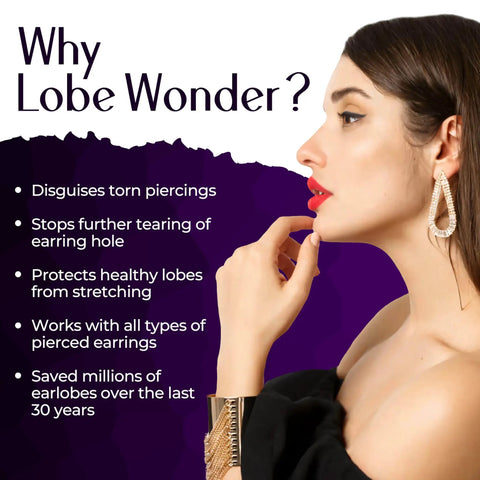 Woman wearing large earrings, highlighting benefits of Clear Latex Free Ear Lobe Support Patch For Pierced Ears That Instantly Lifts And Protects Prevents Torn Or Stretched Lobes Nearly Invisible Earring Back Alternative For All Styles And Sizes 60 Patches.